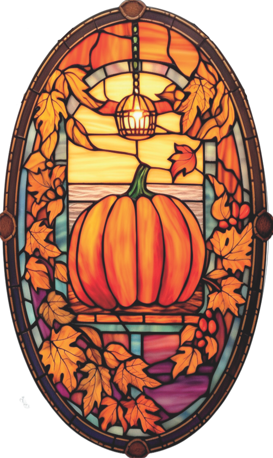 Pumpkin and leaves faux stained glass Orange and Burgundy Oval Sign