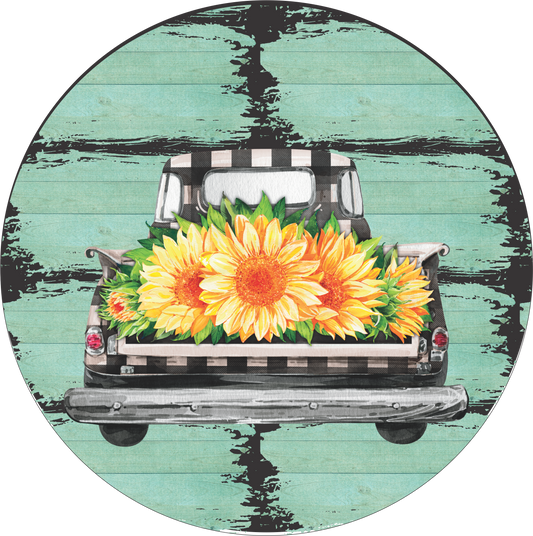 Rustic Black and White truck with sunflowers Sign Round