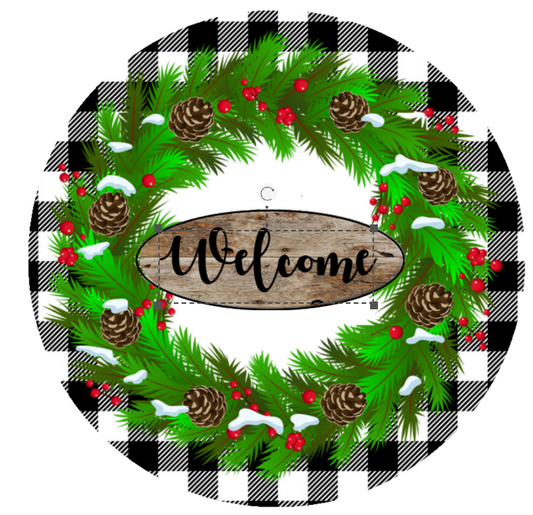 Black and White Plaid Welcome evergreen wreath Sign Round